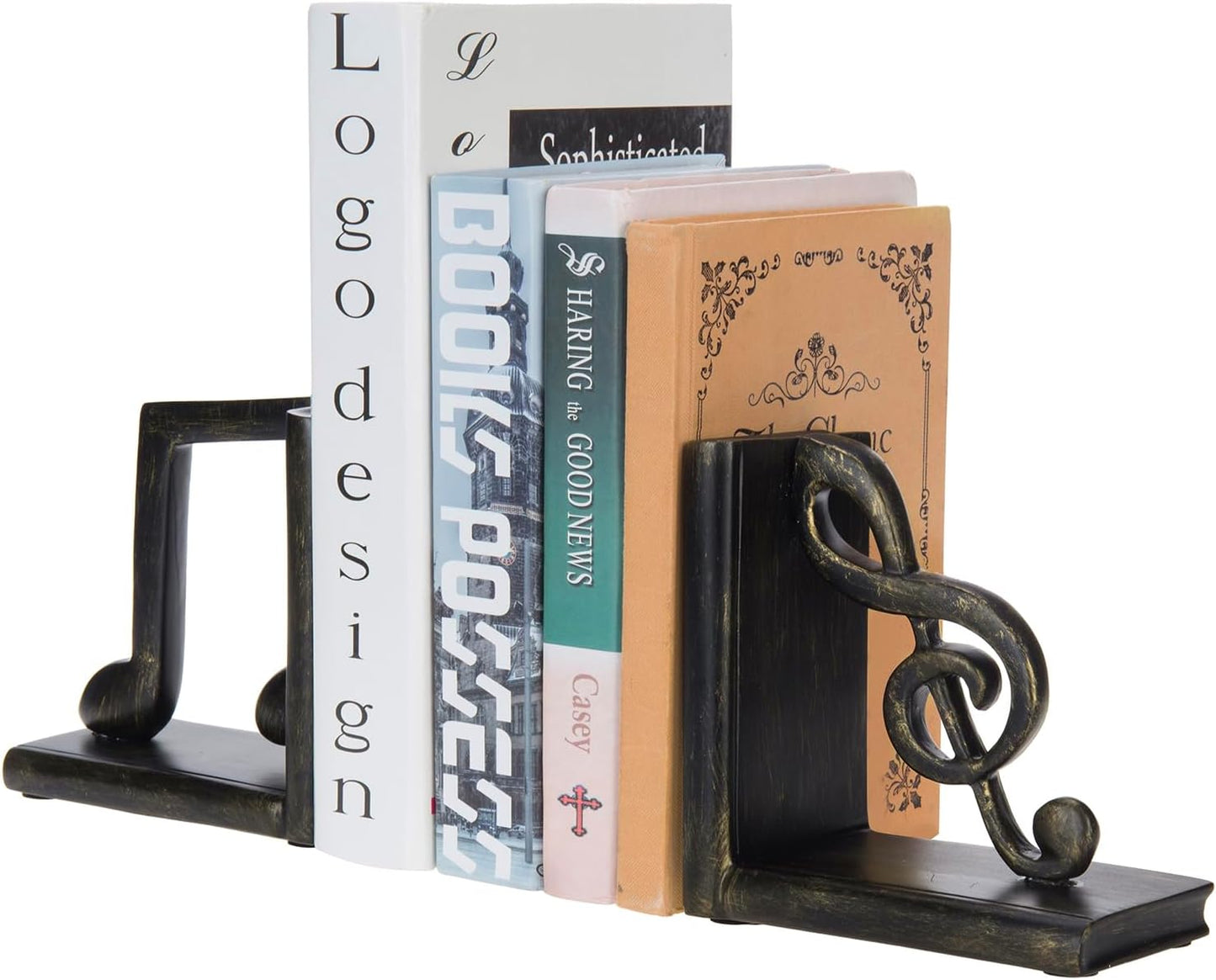 MyGift Tabletop Decorative Bookends, Elegant Brown Resin L-Shaped Desktop Book End Holders with Sculpted Musical Notes, 2 Piece Set