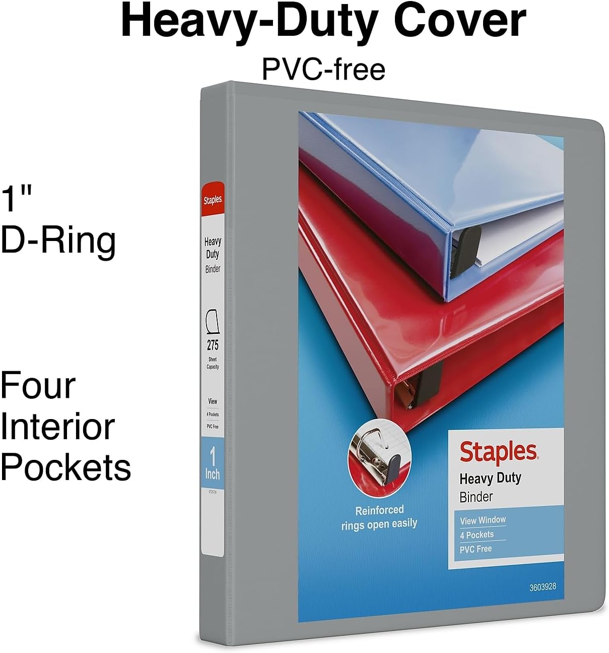 Staples Heavy-Duty 2-Inch D-Ring View Binder, Reinforced Spine, Holds Up to 450 Sheets, Gray, for Office & School