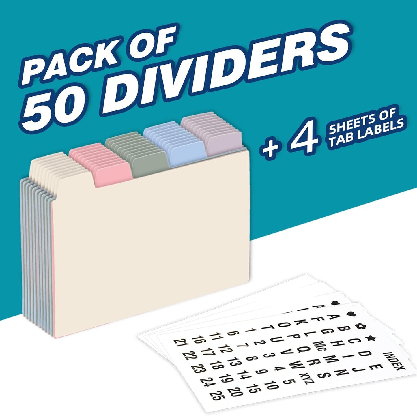 Chell 4x6 Plastic Index Card Dividers, Heavyweight Poly Index Card Guides A-Z for Flash Cards and Recipe Cards, with Alphabetical/Blank Stickers, Pack of 25