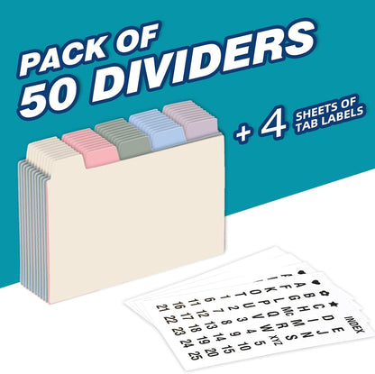 Chell 4x6 Plastic Index Card Dividers, Heavyweight Poly Index Card Guides A-Z for Flash Cards and Recipe Cards, with Alphabetical/Blank Stickers, Pack of 25