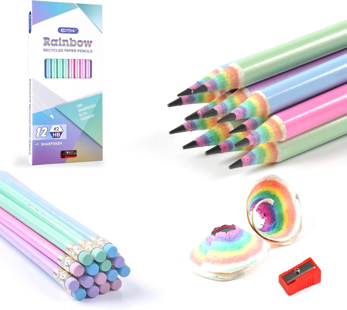 ECOTREE Pre-Sharpened Pencils #2 Cute Number 2 Pencils with Erasers for Kids Eco Rainbow Paper Pencil for School, Writing, 12 Count