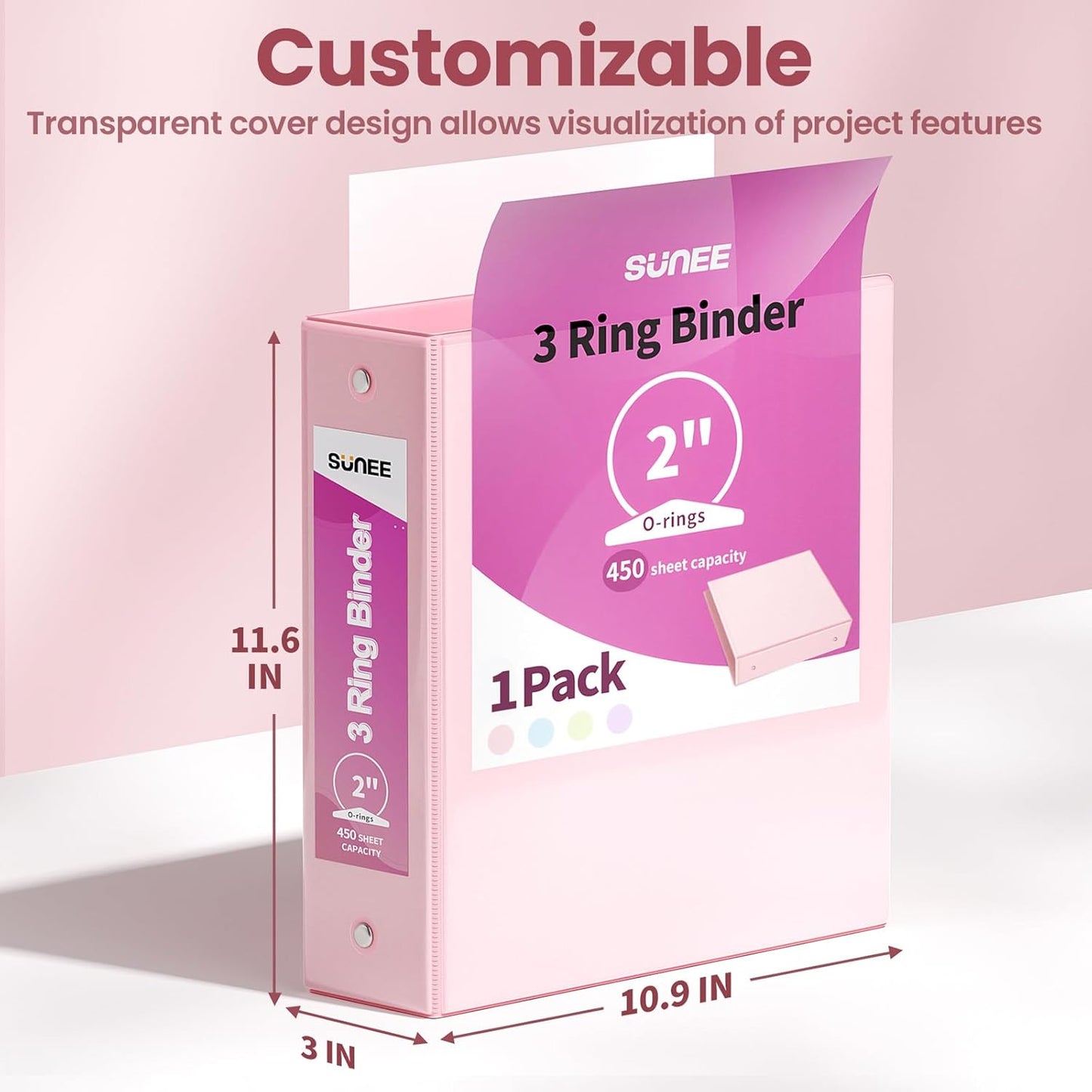SUNEE 3 Ring Binder 3 Inch 1 Pack, Clear View Binder Three Ring PVC-Free (Fit 8.5x11 Inches) for School or Office Supplies, Pink