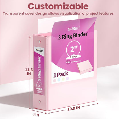 SUNEE 3 Ring Binder 3 Inch 1 Pack, Clear View Binder Three Ring PVC-Free (Fit 8.5x11 Inches) for School or Office Supplies, Pink