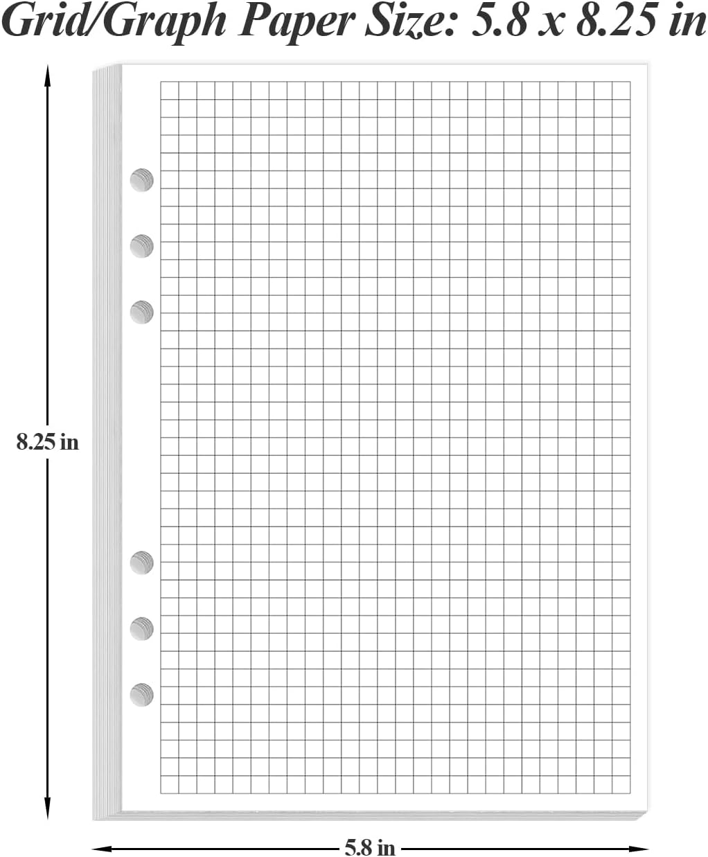 A5 Grid Refill Paper, 6-Hole Graph Paper, 100Sheets / 200Pages Loose-Leaf Grid Paper, 100gsm White Paper, 5.8" x 8.3 "
