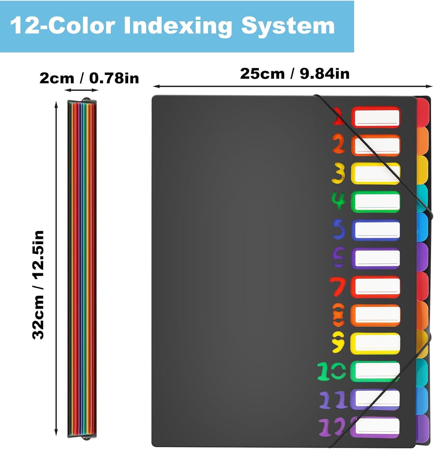 2 Pack Expanding File Folder with 12 Pockets: A4 Accordion Document Organizer with Elastic Closure & Rainbow Tabs, Portable PP Plastic File Holder for Office, School, Home