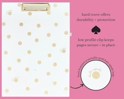 Kate Spade New York Clipboard Folio with Low Profile Clip, Black Professional Padfolio Includes Lined Notepad, Pen Loop, and Pocket, Polka Dots