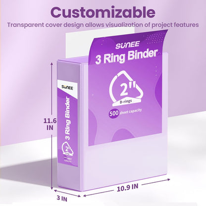 SUNEE 3 Ring Binder 2 Inch, Clear View Binder Three Ring PVC-Free (Fit 8.5x11 Inches) for School or Office Supplies, Light Purple, 1 Pack