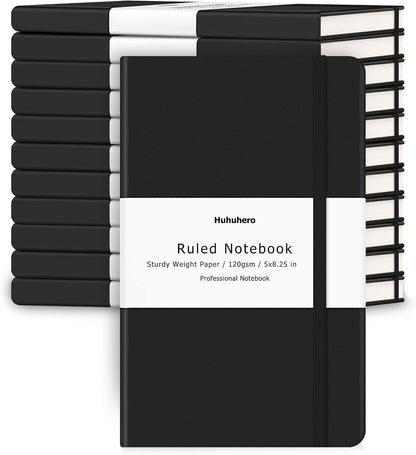 Huhuhero 5 Pack Lined Journal Notebooks, Hardcover Notebook for Work School Office, 5"×8.25", 120Gsm Thick Ruled Writing Journals for Note Taking Business, Black