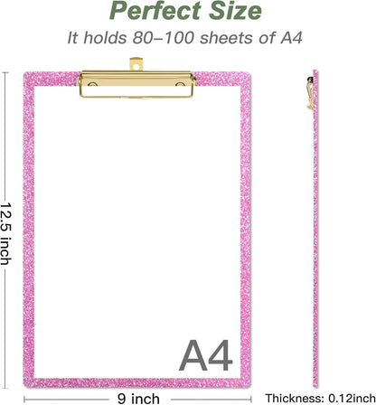 Rimilak Acrylic Glitter Clipboards, Sparkly Board with Low Profile Gold Clip, Designed for Classroom School and Office Use, A4 Letter Size 9 x 12.5 in, Pink