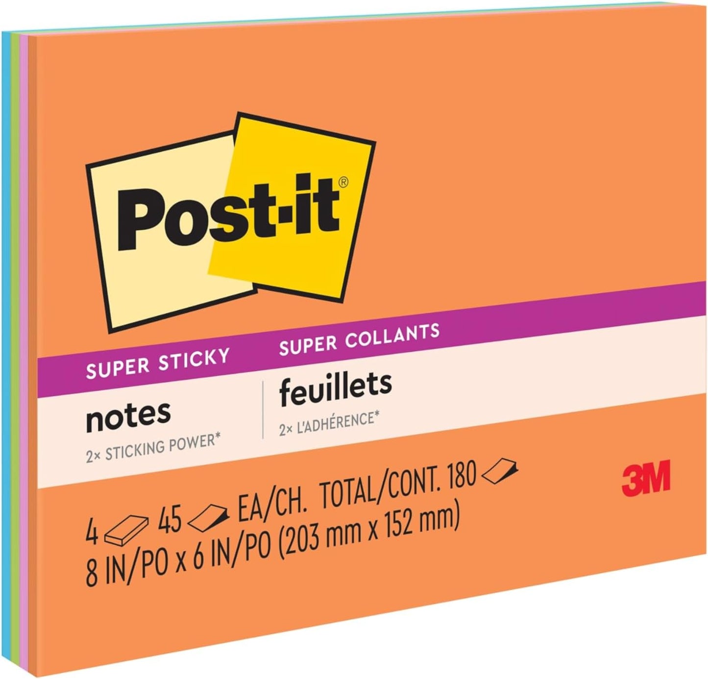 Post-it Super Sticky Lined Notes, 4 Sticky Note Pads, 8 x 6 in., School Supplies, Office Products, Sticky Notes for Vertical Surfaces, Monitors, Walls and Windows, Energy Boost Collection