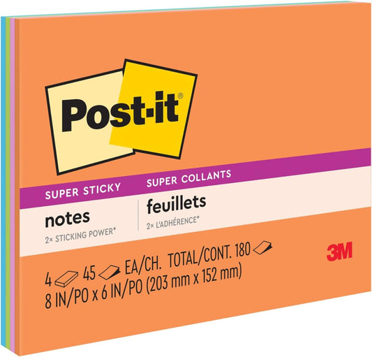 Post-it Super Sticky Lined Notes, 4 Sticky Note Pads, 8 x 6 in., School Supplies, Office Products, Sticky Notes for Vertical Surfaces, Monitors, Walls and Windows, Energy Boost Collection