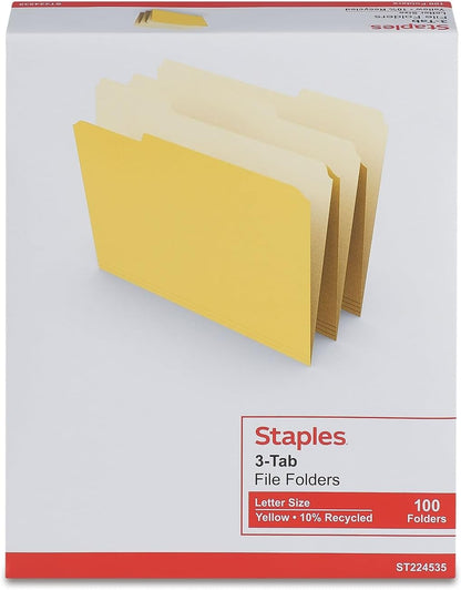 Staples File Folders, Letter Size, 1/3‑Cut Tabs, Purple, Durable 10.5‑Point Paper Stock, 100/Pack