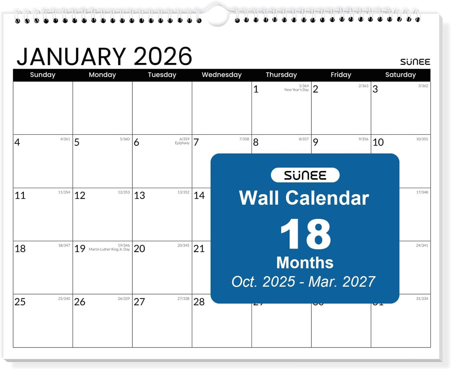 SUNEE Wall Calendar 2026 21 Months Apr. 2026 - Dec. 2027, 14.5"x11.5" Big Grid Hanging Calendar with Note for Organizing & Planning, Monthly Calendar 2026-2027 with Last Month and Next Month, White