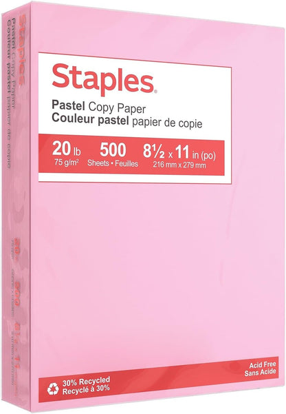Staples Pastel Colored Copy Paper 8 1/2-Inch x 11-Inch Pink 500/Ream, For Office, School & Home