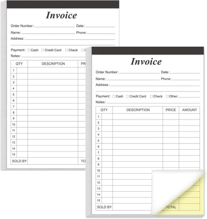 Invoice Receipt Book with Cardboard 2-Part Carbonless, 5.5" x 8.5" Order Forms, 50 Sheets Carbonless Sales Invoice Book for Small Business