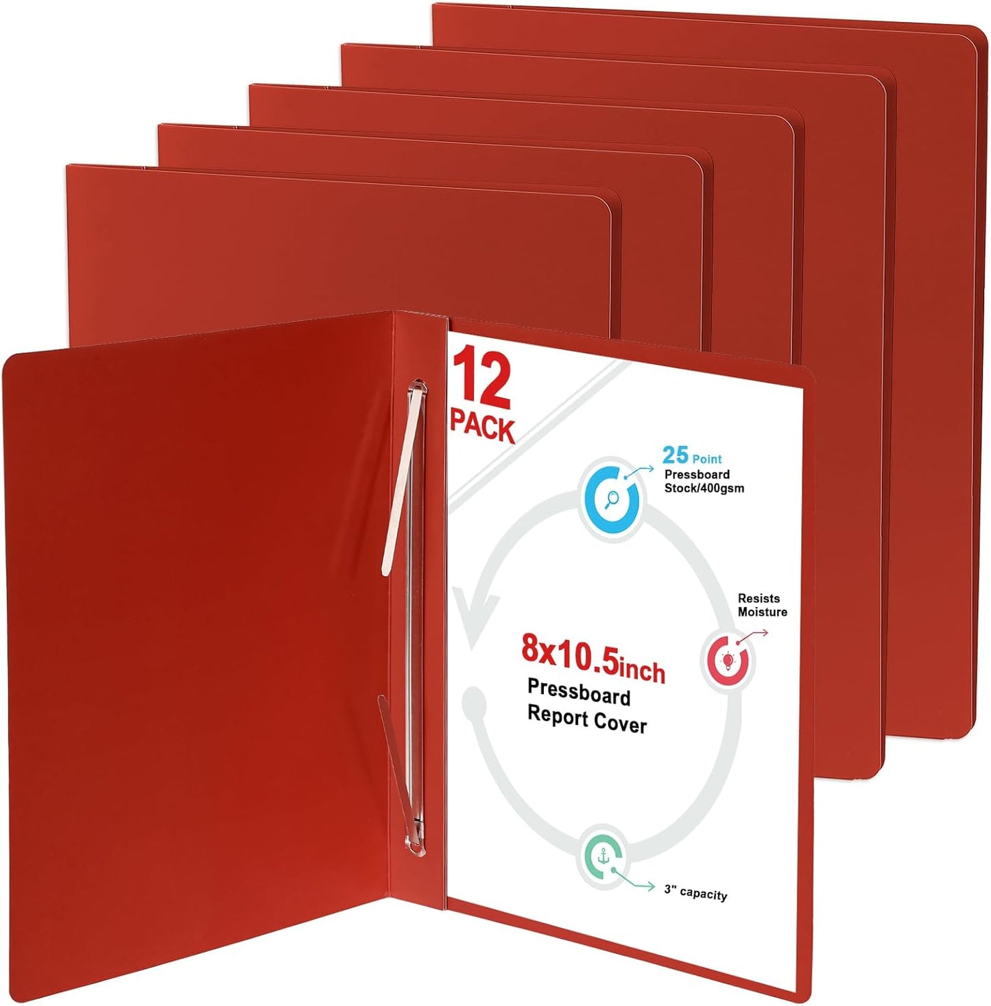 12 Pcs Pressboard Report Cover 9.3x11.6 Inch Presentation Binder Folder Letter Size 3" Capacity Metal Prong Fastener with Compressor for Reports Business Contract Proposal Documents, Red