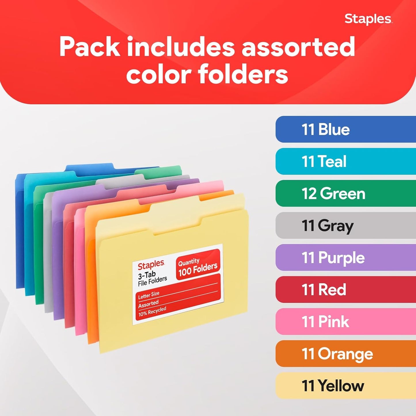 Staples File Folders, Letter Size, 1/3‑Cut Tabs, Purple, Durable 10.5‑Point Paper Stock, 100/Pack