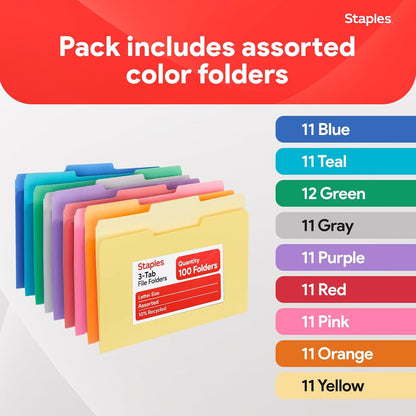 Staples File Folders, Letter Size, 1/3‑Cut Tabs, Purple, Durable 10.5‑Point Paper Stock, 100/Pack
