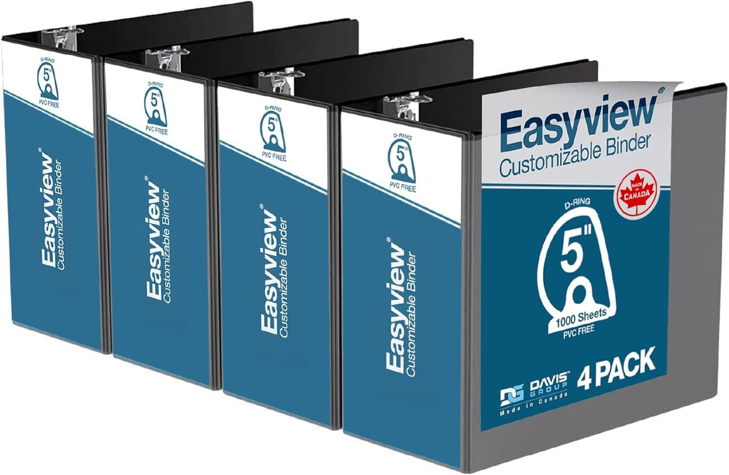 Easyview Premium 3-Ring Binders with Clear-View Covers and D Rings, Binders for School or Office, 5 Inch, Pack of 4, White