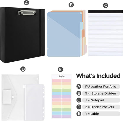 SKYDUE 3 Ring Binder with Clipboard,1 Inch Binder, 13.2" × 10.2" PU Clipboard Binder with Notepad & 5 Dividers with 5 Pockets, Labels, Clipboard Folder Great for School Office(Fit Letter Sized Paper)