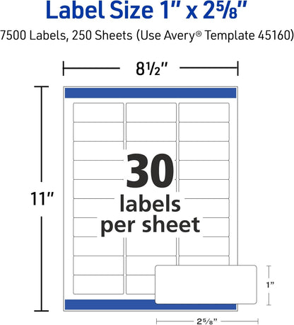 Avery Easy Peel Printable Address Labels with Sure Feed, 1" x 2-5/8" Customizable Stickers, White, 7,500 Blank Mailing Labels, Great for Mailing, Shipping, and More (45160)