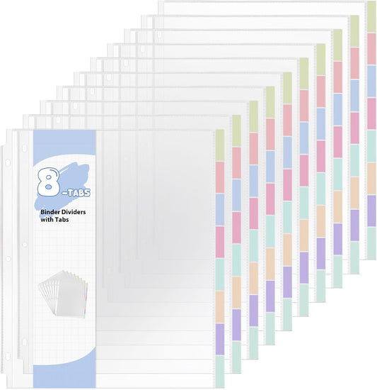 Prudiut 10 Set of 80-Pcs Clear Sheet Protectors for 3 Ring Binder, 8.5 x 11 Inch Plastic Binder Sleeves with 8 Tab Dividers and Colored Index Labels - Waterproof Page Protectors for Office, School