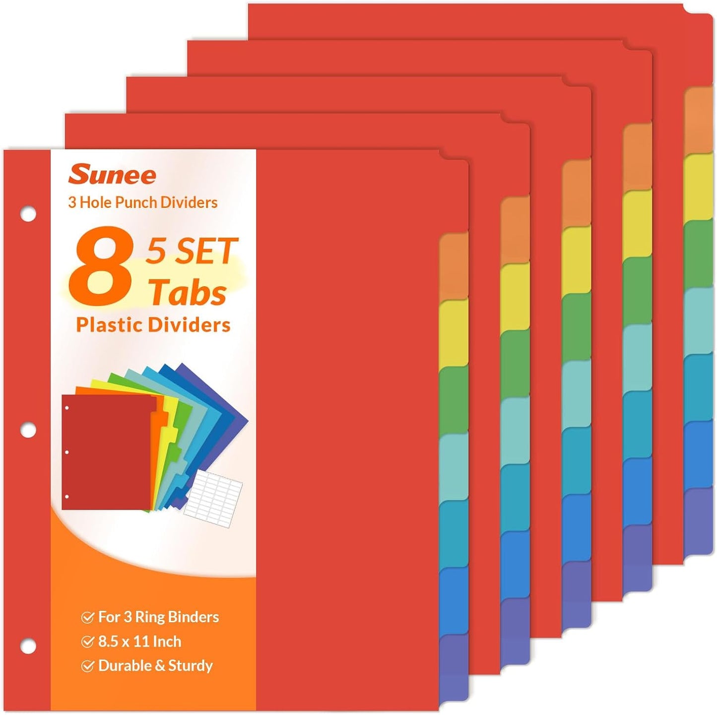 SUNEE 8 Tab Binder Dividers,Plastic Dividers for 3 Ring Binder,3 Ring Binder Dividers with Tabs for School Office Home Supplies,Bright Color, 1 Set