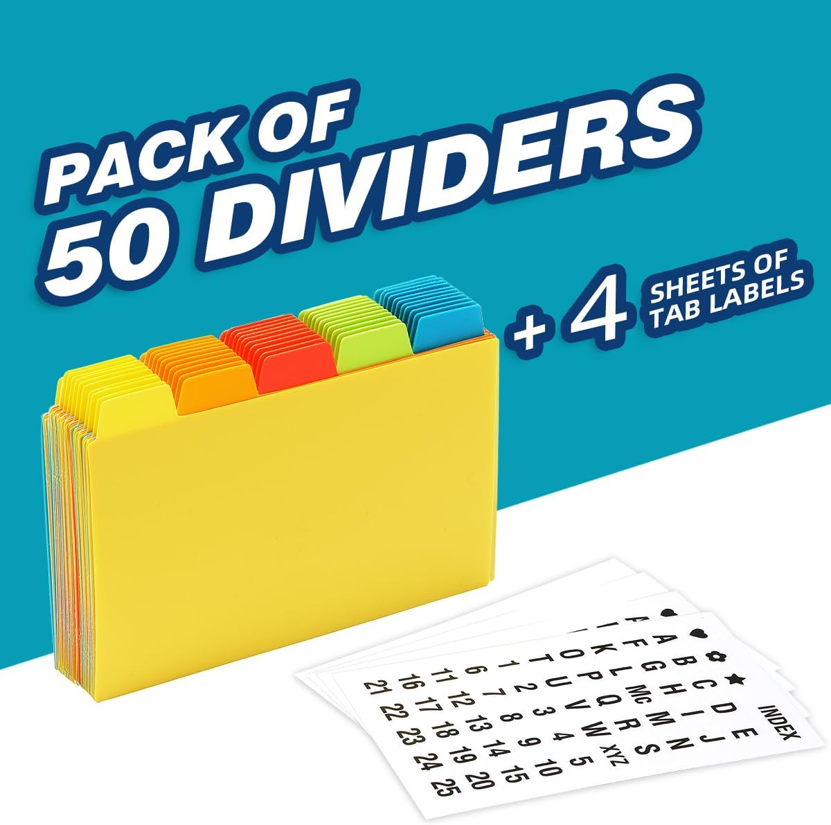 Chell 4x6 Plastic Index Card Dividers, Heavyweight Poly Index Card Guides A-Z for Flash Cards and Recipe Cards, with Alphabetical/Blank Stickers, Pack of 25