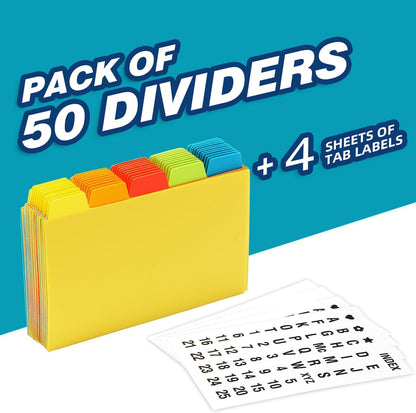 Chell 4x6 Plastic Index Card Dividers, Heavyweight Poly Index Card Guides A-Z for Flash Cards and Recipe Cards, with Alphabetical/Blank Stickers, Pack of 25