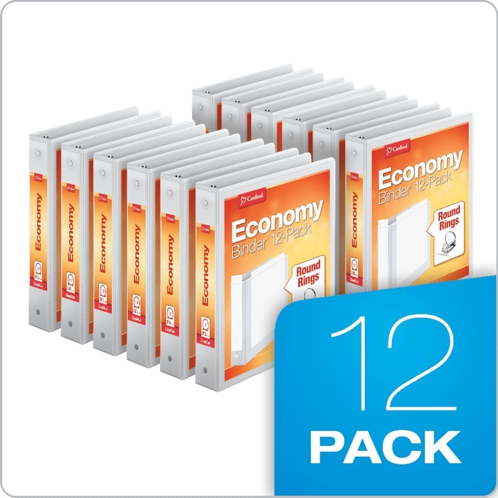 Cardinal Economy 3-Ring Binders, 3", Round Rings, Holds 625 Sheets, ClearVue Presentation View, Non-Stick, White, Carton of 12 (90651)
