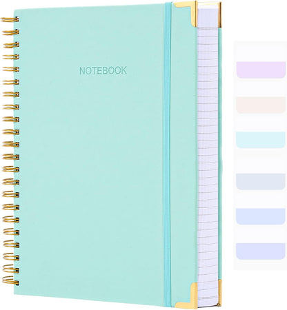 Spiral Notebook, College Ruled Notebook Journal, 7” x 10”, 300 Pages Leather Writing Journal for Women Men, B5 Hardcover Notebook for Work School, 24pcs Index Tabs, Light Blue