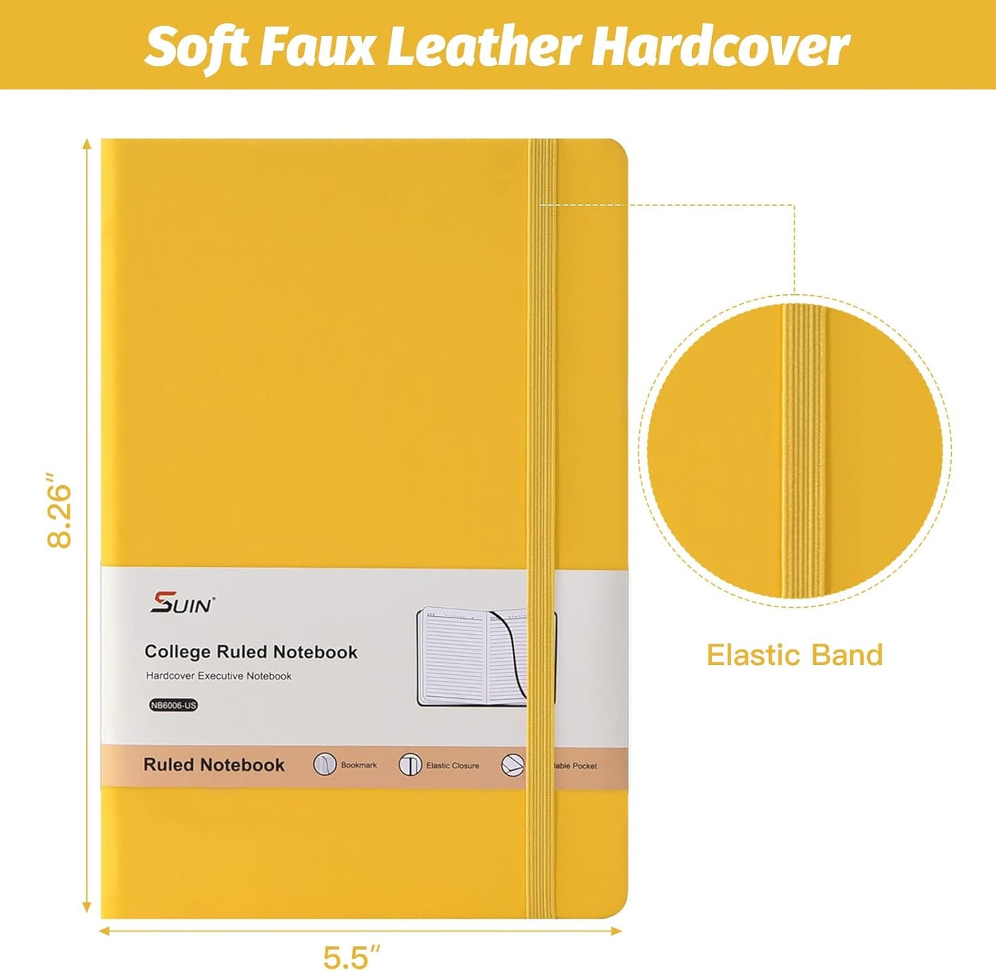 SUIN Hardcover-Journal-Notebooks, A5 Lined Journals Notebook for Writing 200 Pages, 8.2 x 5.5 inch, Classic Ruled Notebooks for Work/Travel/College (Black- 1 Pack)