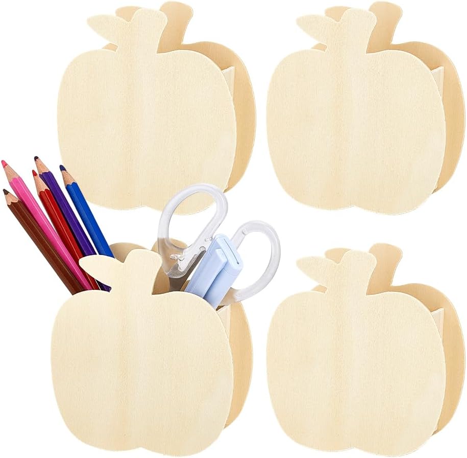 PH PandaHall 4Pcs Apple Wooden Pencil Holder Unfinished Wood Pen Organizer Creative Brush Holder Desk Cups for Home School Office Desk First Day School New Years Christmas