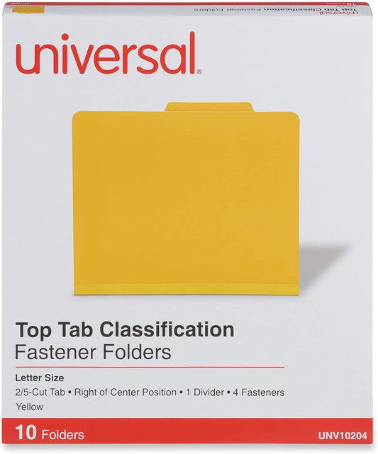Universal Pressboard Classification Folders, Letter, Four-Section, Yellow, 10/Box (10204)
