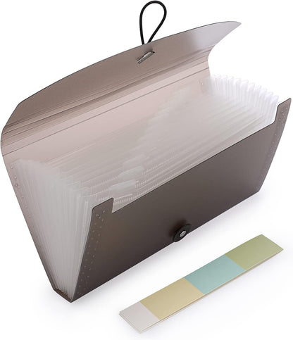 BTSKY 13 Pockets Expanding Check Bill File Folder-Hand-held Small Accordion File Folder Expandable Card Ticket Holder Plastic Business Document Organizer Wallet Case New Grey