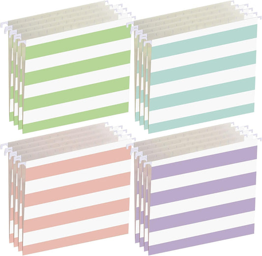 24 Pack Hanging File Folders Letter Size 1/5 Cut Adjustable Tab Macaron Striped Hanging File Organizer and Interior Folders Holder for Home Office Paper Organization, 11.7 x 9.3 Inch (Stripe Style)