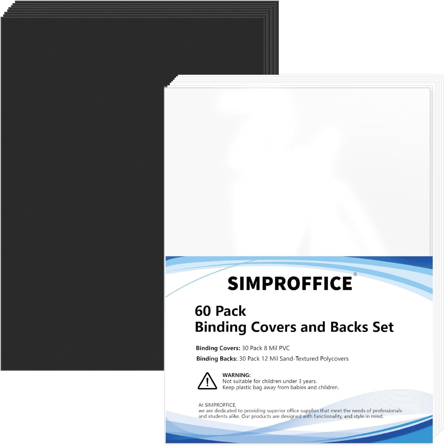 60 Pack Binding Covers and Backs Set, 8.5 x 11 Inches, 30P Clear PVC Covers (8 Mil), 30P Black Sand-Textured Polycovers (12 Mil)，Presentation Covers for Binding, Letter Size