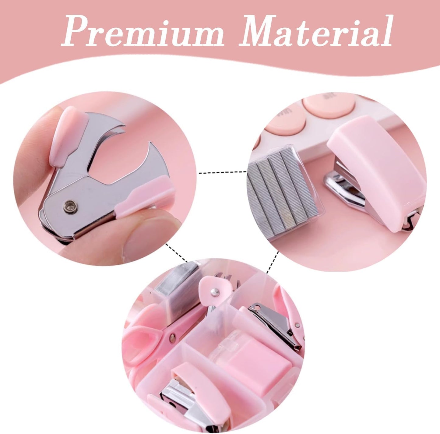 8 Pack Mini Office Supply Kit Portable Case with Scissors,Tape Dispenser Set, Punch,Pencil Sharpener, Mini Stapler with Staples and Staple Remover (Pink)