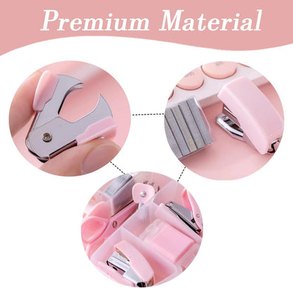 8 Pack Mini Office Supply Kit Portable Case with Scissors,Tape Dispenser Set, Punch,Pencil Sharpener, Mini Stapler with Staples and Staple Remover (Pink)