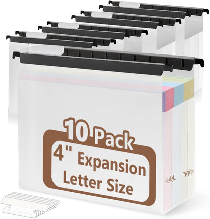 10 Pack Extra Capacity Hanging File Folders Letter Size Plastic File Folder Reinforced Tabs with Heavy Duty 2 Inch Expansion & Black Insert Gasket for Filing Cabinet Durable Hang Folders