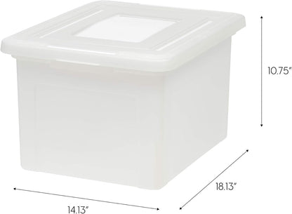 IRIS USA File Box, Plastic File Organizer with Lids for Letter/Legal File, Portable Document Box For Moving, Storage Bin with Durable and Secure Lid, Stackable Nestable BPA-Free, Clear 35 Qt. 4 Pack