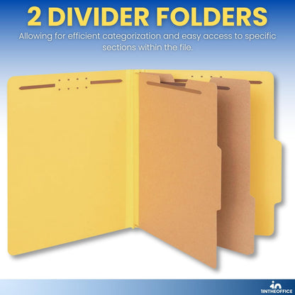 1InTheOffice Classification Folders, 2 Dividers, Pressboard, Letter Size, 6 Fasteners, Yellow, 10 Pack