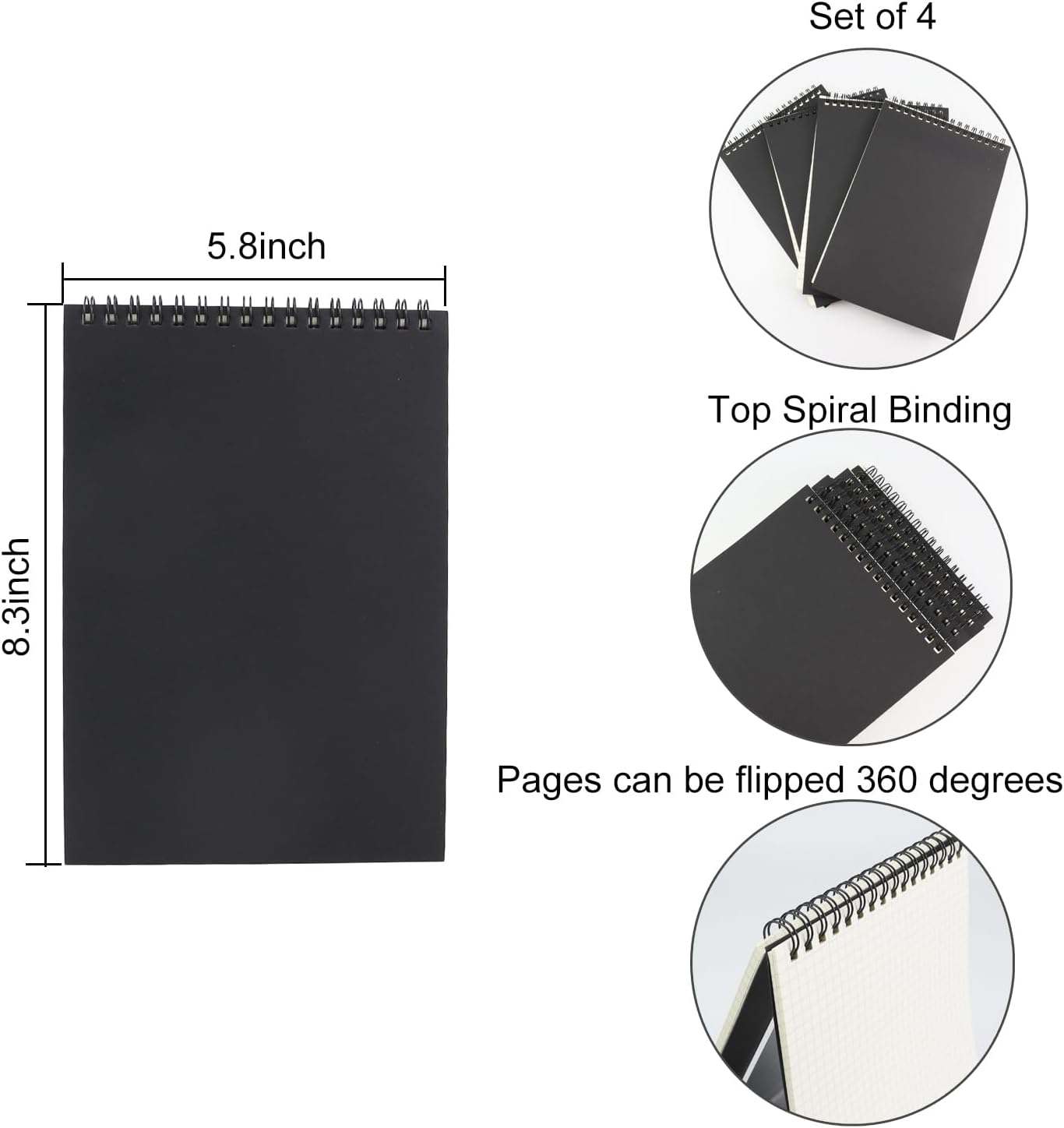4 Pack Graph Paper Notebook, A5 Top Wirebound Grid Spiral Notebook 5.8" x 8.3",60 Sheets,5mm x 5mm Grid Paper,Grid Notepad for Students, Math, Engineering (Black)