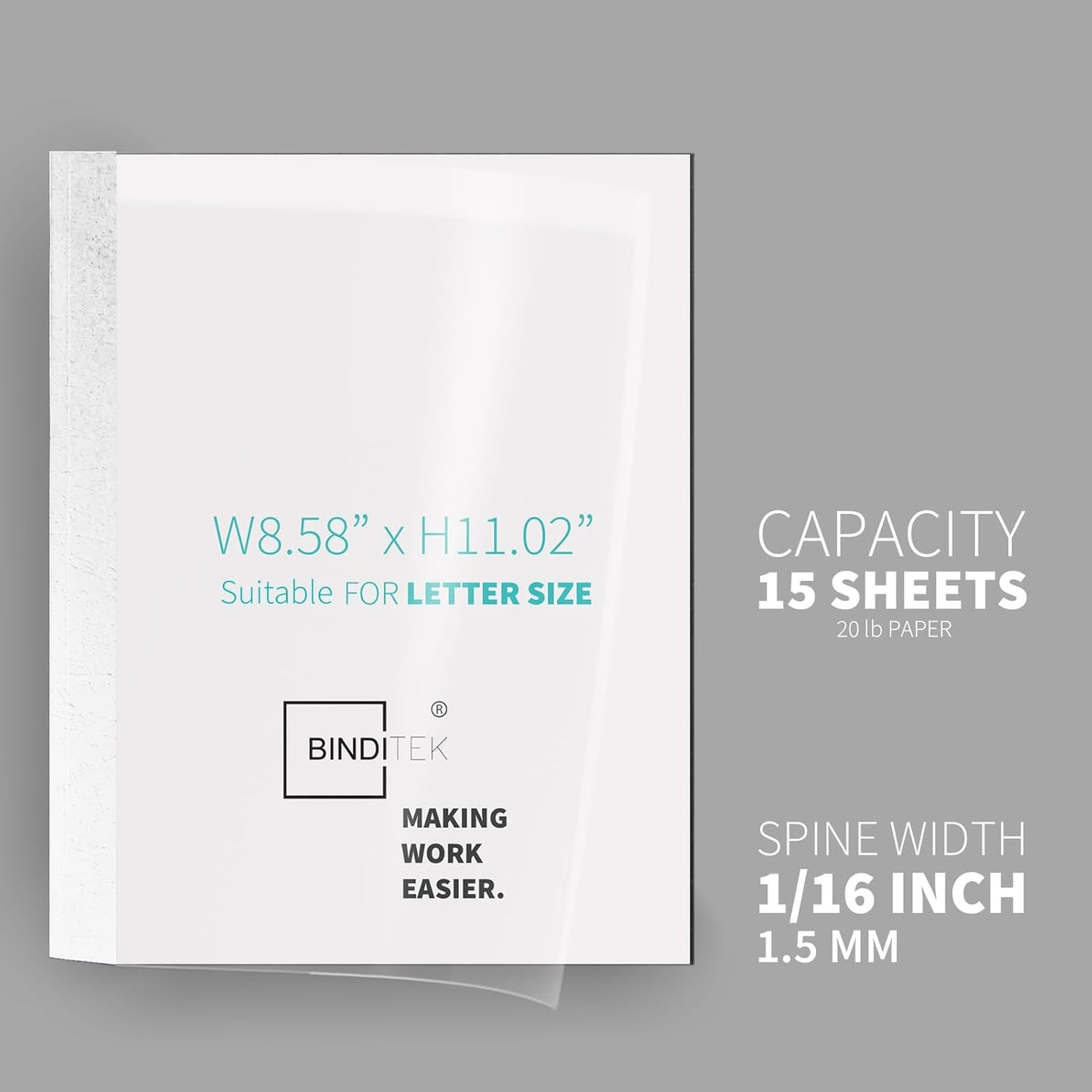 Binditek 20 Pack Thermal Binding Presentation Covers, 1/16 Inch Spine Holds 15 Sheets, Ultra Clear Front Cover, Black Paper Back Cover, Letter Size, for Students and Coworkers