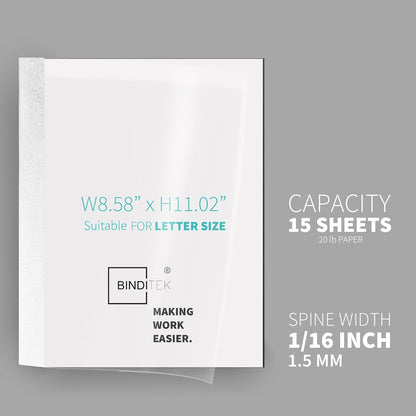 Binditek 20 Pack Thermal Binding Presentation Covers, 1/16 Inch Spine Holds 15 Sheets, Ultra Clear Front Cover, Black Paper Back Cover, Letter Size, for Students and Coworkers