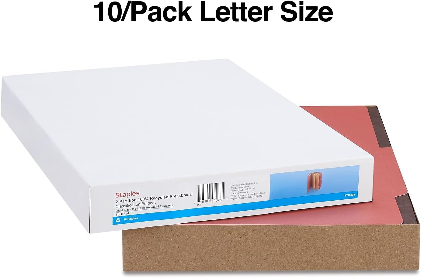 Staples Recycled Pressboard Classification Folders, Legal Size, 2‑Dividers, 2.5" Expansion, Red, Heavy‑Duty Construction – 20/Carton