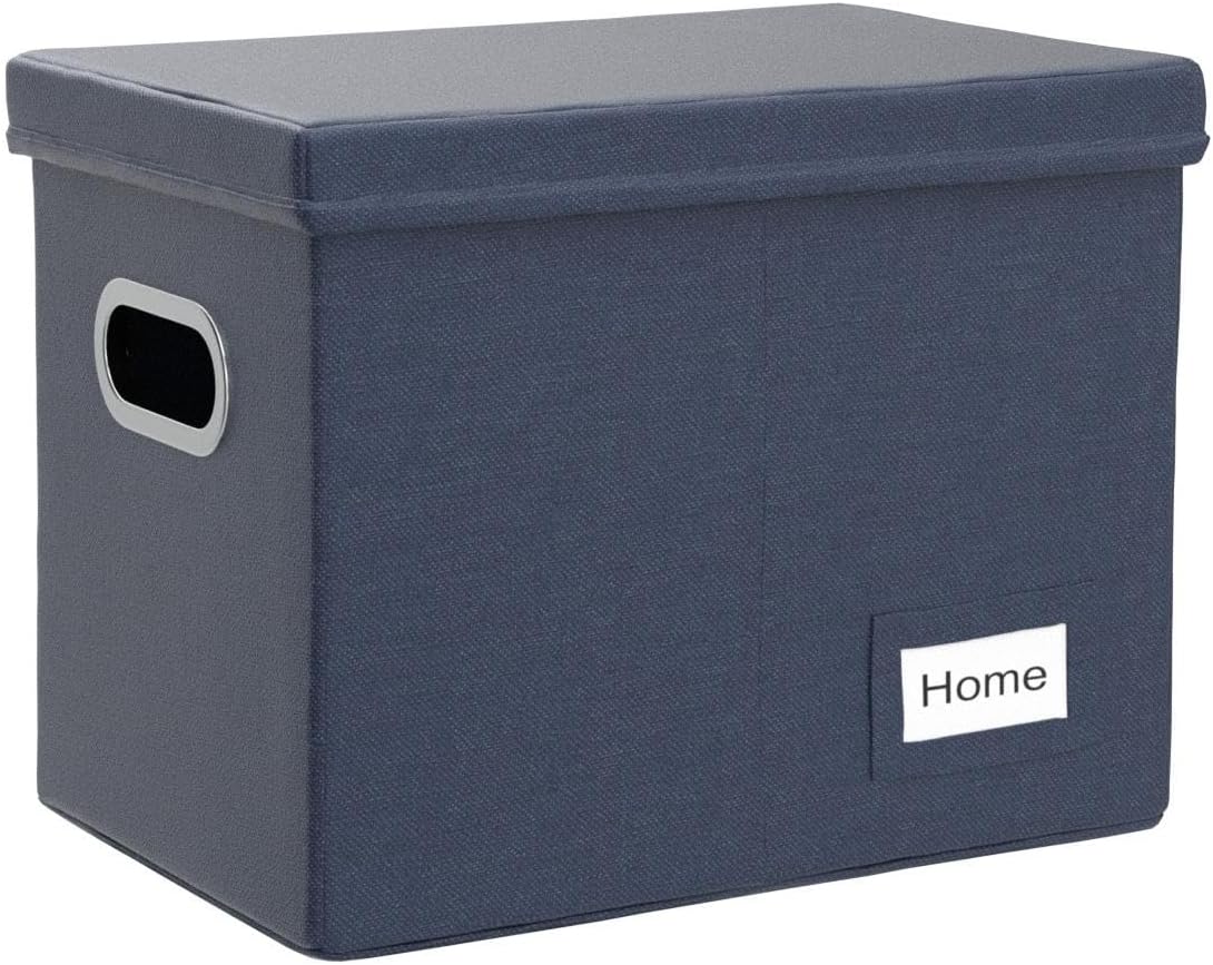 PRANDOM File Organizer Box - Collapsible Decorative Linen Filing Storage with Lids for Letter Size - Grey (14x9.3x10.8 inch)