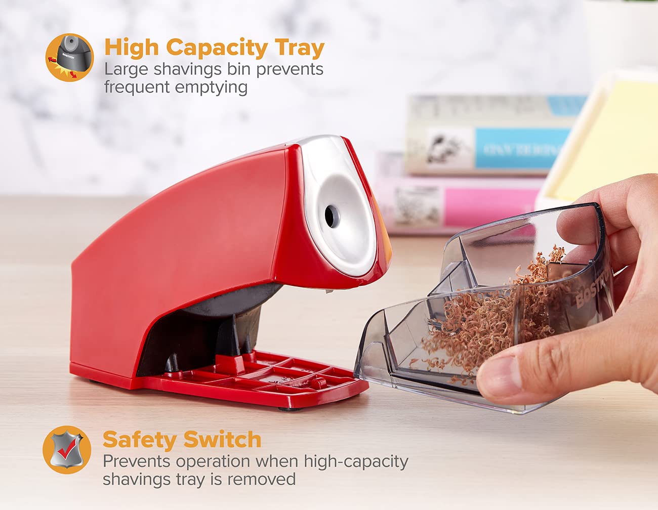 Bostitch Office Electric Pencil Sharpener for Classroom & Desk Use, Heavy-Duty Stall-Free Motor, High-Capacity Shavings Tray, Blue