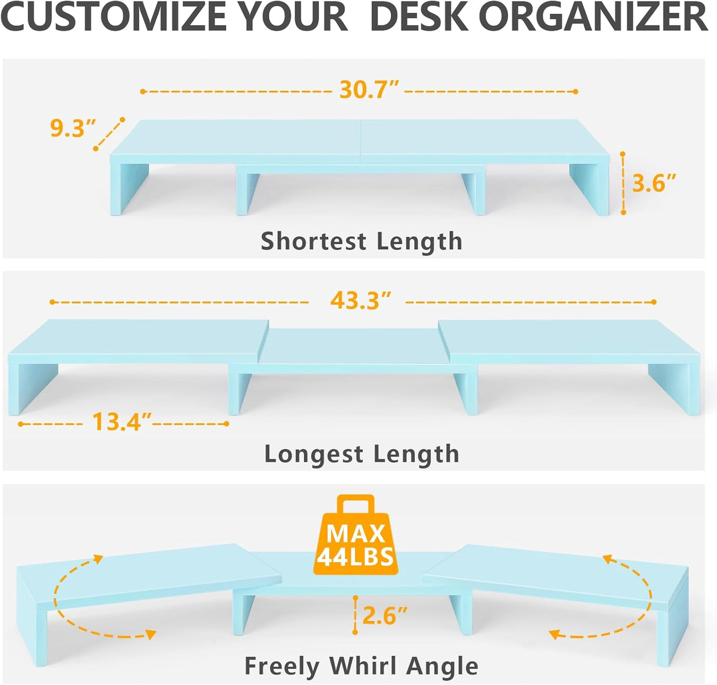 TAVR Dual Monitor Stand Riser Office Desktop Organizer Stand for 2 Monitors, Adjustable Length and Angle 3 Shelf, Extra Long Multifunctional Wooden Stand up to 43.3" fit Computer, Laptop, TV, Black