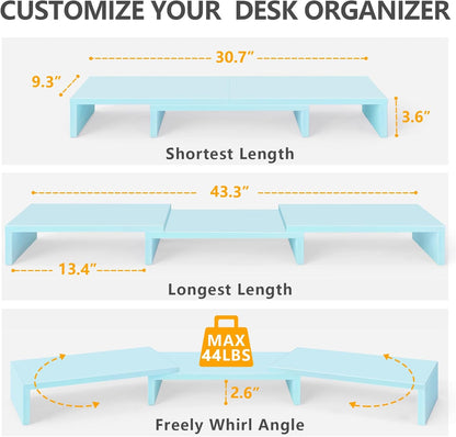 TAVR Dual Monitor Stand Riser Office Desktop Organizer Stand for 2 Monitors, Adjustable Length and Angle 3 Shelf, Extra Long Multifunctional Wooden Stand up to 43.3" fit Computer, Laptop, TV, Black